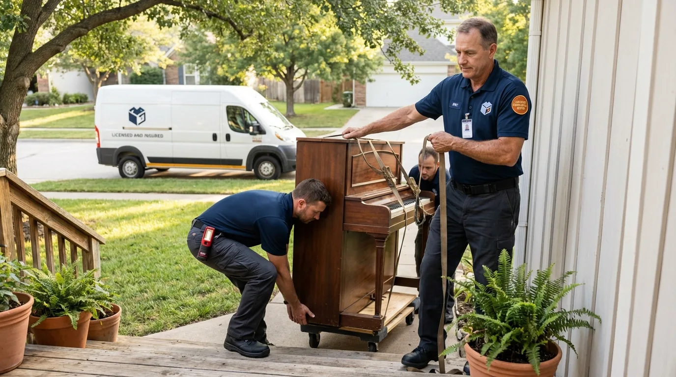 Licensed piano movers securing grand piano in Louisville, TN
