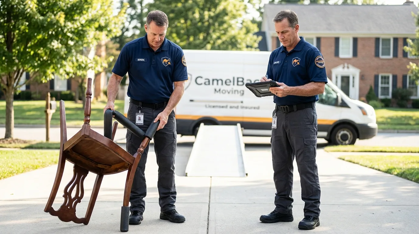 Movers inspecting furniture for damage prevention before loading in Louisville, TN