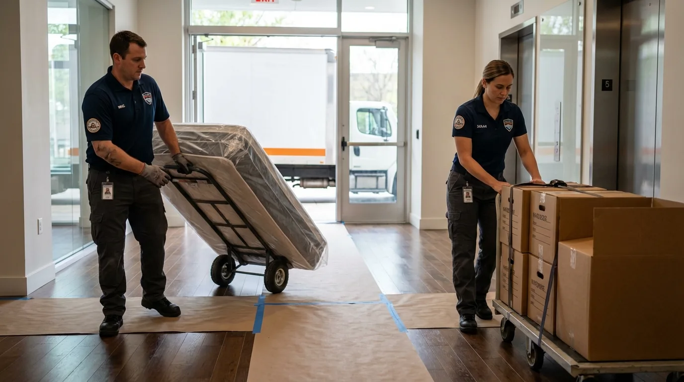 Professional apartment movers loading elevator in Louisville, TN