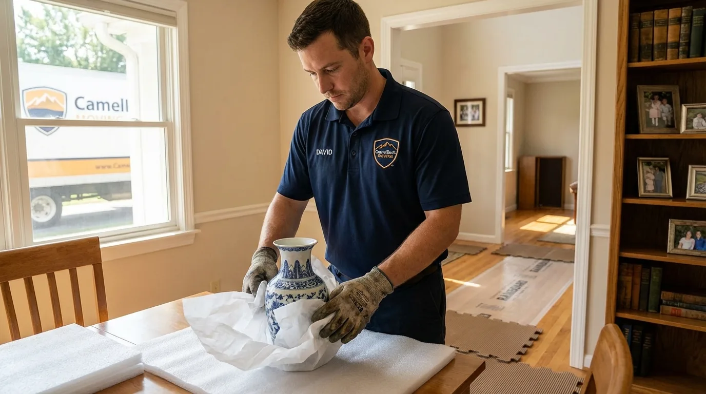 Professional crew carefully wrapping antique vase for senior downsizing move in Louisville, TN